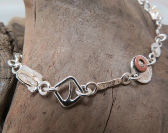 Sterling silver link bracelet with yellow gold and copper
