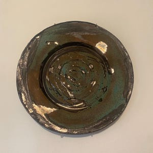 Vintage Raku Pottery Wall Plate | Handcrafted Iridescent Ceramic Art | Metallic Copper & Turquoise Glaze