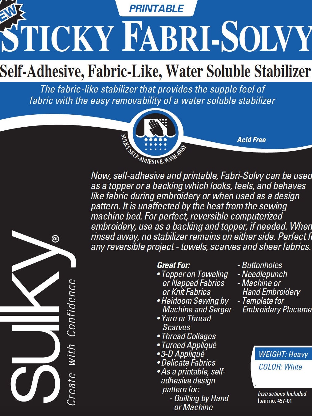 Sulky Sticky Fabri-solvy Water Soluble Stabilizer, Embroidery