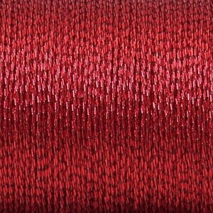 May include: Close-up of a spool of red metallic thread. The thread is shiny and has a slight shimmer.