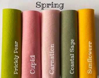 May include: Five rolls of felt fabric in different colors: prickly pear green, cupid pink, carnation light pink, coastal sage green, and sunflower yellow. The word "Spring" is written above the rolls of fabric.
