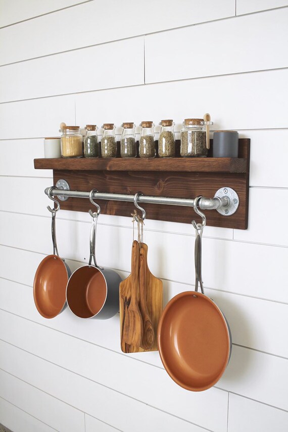 Rustic Industrial Kitchen Pot Rack Gifts For Him Wall Shelf Etsy
