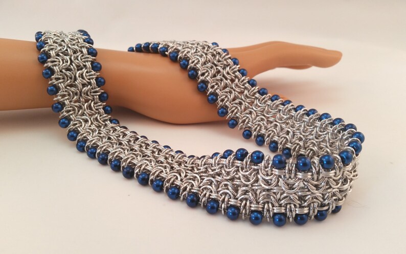 Chainmail Head Piece Chain Mail Circlet Chainmaille Head Band Chainmaille Crown with Blue Pearls