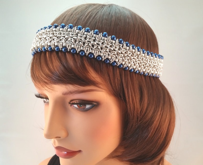 Chainmail Head Piece Chain Mail Circlet Chainmaille Head Band Chainmaille Crown with Blue Pearls