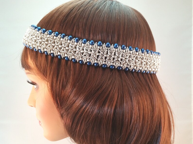 Chainmail Head Piece Chain Mail Circlet Chainmaille Head Band Chainmaille Crown with Blue Pearls