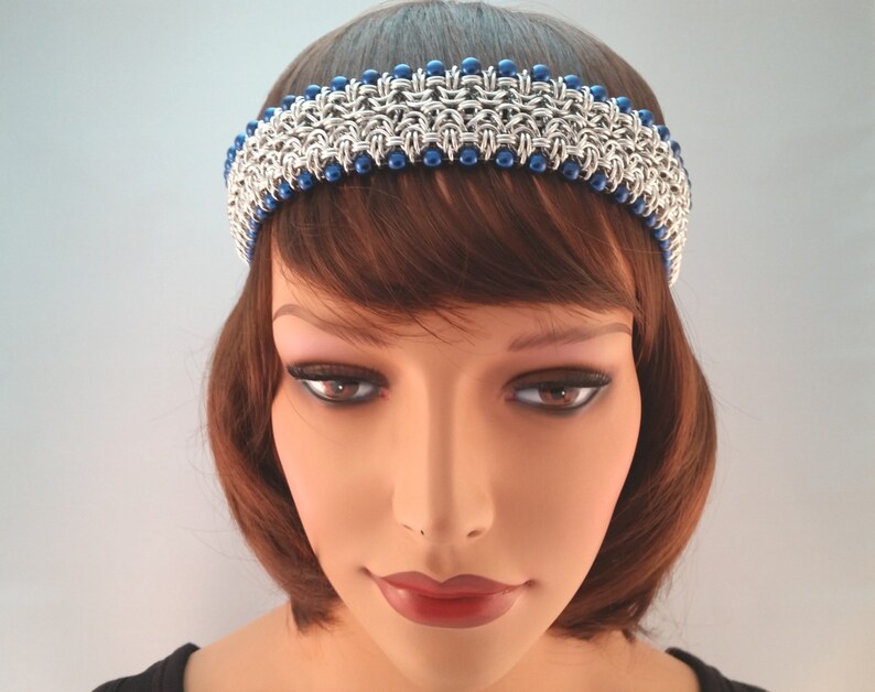 Chainmail Head Piece Chain Mail Circlet Chainmaille Head Band Chainmaille Crown with Blue Pearls