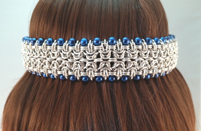 Chainmail Head Piece Chain Mail Circlet Chainmaille Head Band Chainmaille Crown with Blue Pearls