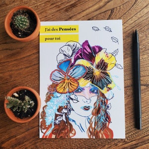 Carte de vœux Fleurs Pensées, Carte de souhaits 5x7 pouces, St-Valentin, produit local, illustration botanique, nature, jeux de mots