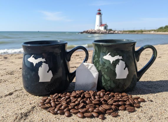 Michigan Mugs with Sandblasted Art Design in Marine Blue or Forest Green