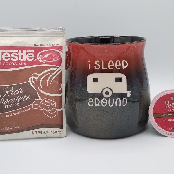 Sandblasted 16 Ounce "I Sleep Around" Camping Coffee Mug/Cup Rust to Beige