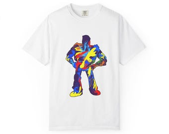 Camiseta abstracta de superhéroes colorida / Silueta vibrante de arte pop