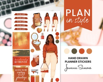 May include: A set of hand-drawn planner stickers featuring a woman in a burnt orange sweater and white pants. The stickers include phrases like "fearlessly authentic", "access to my energy is a privilege", and "laundry day". The stickers are designed in a modern style with a minimalist aesthetic.