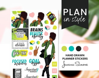 Planner Stickers, Black Girl Stickers, Journaling Stickers, Notebook Stickers for Black Women, Daily Empowerment Stickers | Jae