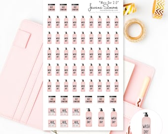 May include: A sheet of pink and white stickers with illustrations of bottles of shampoo and conditioner, jars of deep conditioner, and the text "Wash Day" and "Hair".