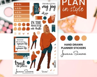 May include: A set of hand-drawn planner stickers featuring a woman in a red sweater and blue jeans, with the text "Prioritizing my joy" and "In the mood to be cute-hustle". The stickers also include a to-do list, a coffee cup, and the text "Plan in style".