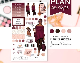 May include: A sheet of hand-drawn planner stickers with a burgundy and blush color scheme. The stickers feature illustrations of a woman, text like "Booked & Busy", and other decorative elements. The text "Plan in Style" is also visible.