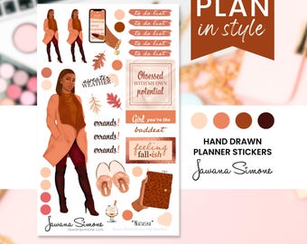 May include: A sheet of hand-drawn planner stickers with a fall theme. The stickers include illustrations of a woman, fall leaves, and text such as "errands!" and "feeling fall-ish." The color palette features shades of brown, peach, and burgundy.