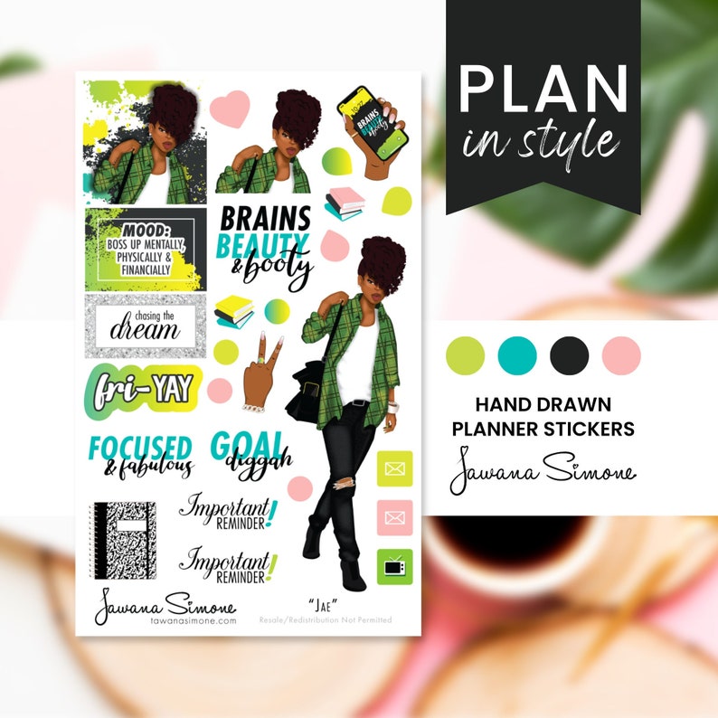 K&ouml;nnte beinhalten: Ein Satz Planer-Aufkleber mit einer Frau mit Afro-Haaren, die ein gr&uuml;nes kariertes Hemd und eine zerrissene Jeans tr&auml;gt. Die Aufkleber enthalten S&auml;tze wie "Brains & Beauty", "Focused & Fabulous", "Goal Diggah", "Fri-Yay", "Chasing the Dream" und "Important Reminder".