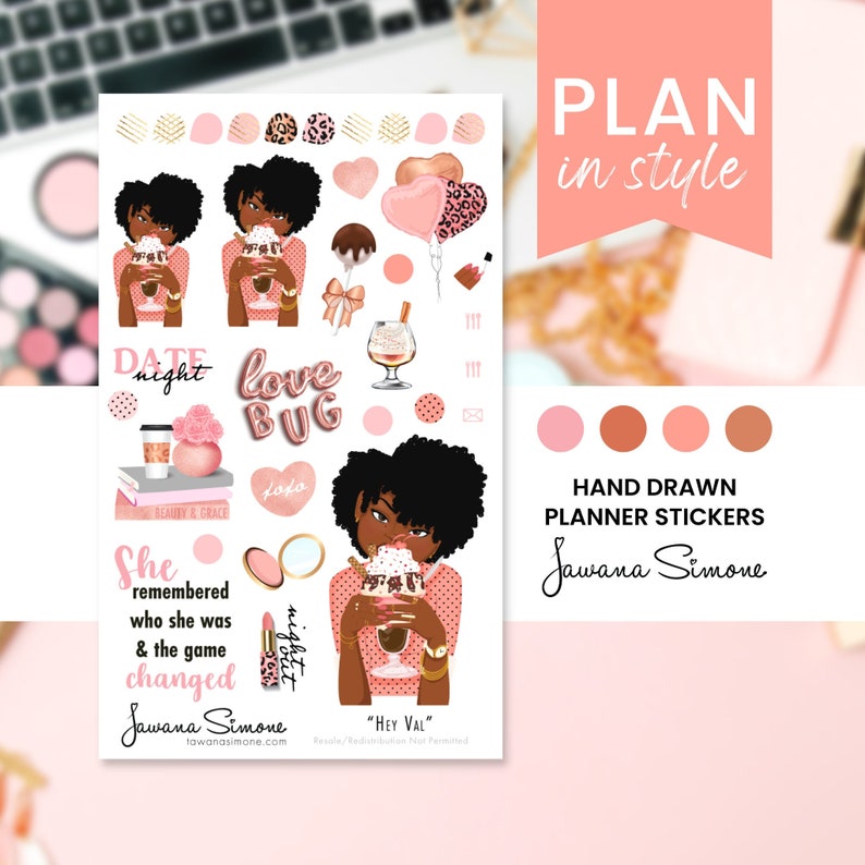 Black Girl Planner Stickers, Black Women, African American Planner Sticker Sheets for Any Size Planners, Journals or Notebooks Hey Val image 1