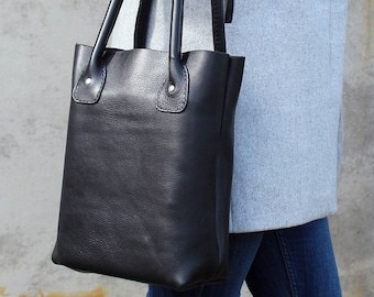 Leather tote bag, Black bag, Leather shopper bag, Everyday Bag, Laptop Bag , Leather Shoulder bag.