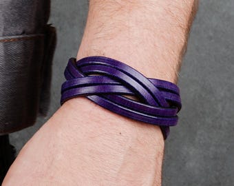 Handmade Purple Leather Woven Cuff Bracelet