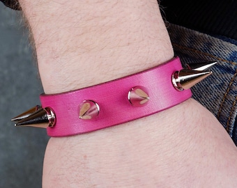 Handmade Pink Leather Studded Cuff Bracelet: Rock and Roll Accessory