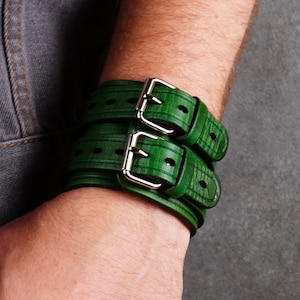 Green Leather Cuff Bracelet, Adjustable Strap, Anniversary Gift