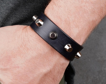 Handmade Black Leather Spike Cuff Bracelet, Snap Closure, Approximately 2 cm Wide