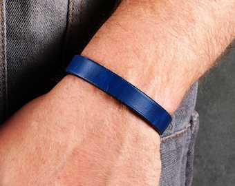 Blue Leather Cuff Bracelet: Handmade Silver Buckle, Gold Clasp.