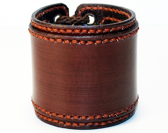 Handmade Brown Leather Cuff Bracelet: Adjustable Unisex Design