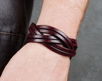Handmade Burgundy Leather Woven Cuff Bracelet