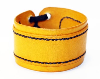Yellow leather bracelet, leather accessories, yellow cuff, women cuff, men bracelet, anniversary gift, great gift.
