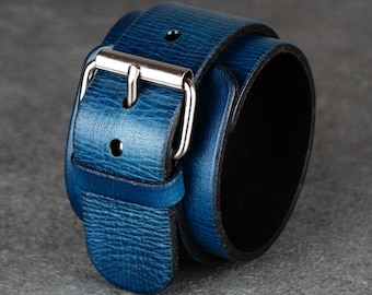 Brazalete de cuero azul, accesorio de cuero italiano