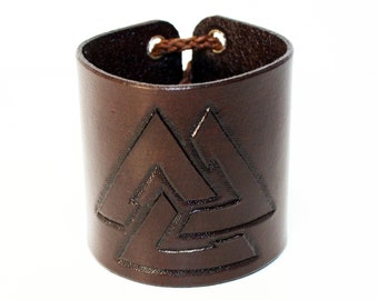 Leather Cuff With Valknut!Norse Symbol! Cuff With Viking Symbol! Great Handmade Bracelet! Great Gift!