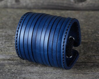Pulsera de cuero azul hecha a mano, diseño unisex ajustable