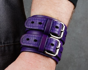 Purple Leather Cuff Bracelet, Italian Leather, Adjustable