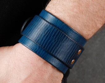 Pulsera tipo brazalete de cuero azul, accesorio de cuero italiano