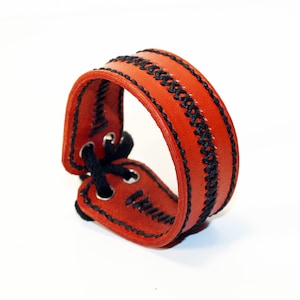 Handmade Orange Leather Cuff Bracelet: Adjustable Unisex Design