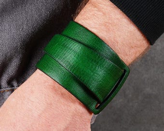 Handmade Green Leather Cuff Bracelet