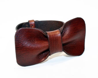 Leather cuff bracelet. Handmadede leather bow bracelet. Great Gift For Women. Brown Leather Bow Bracelet