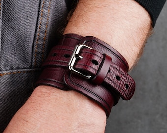 Burgundy Leather Cuff Bracelet, Unisex Italian Leather Accessory