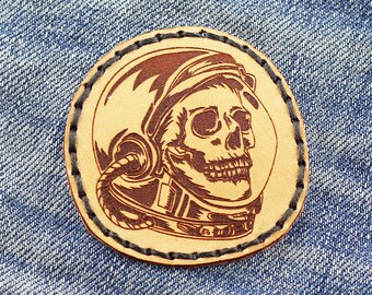 Skull leather patch, astronaut sew,  Space accessories, Sew On Patch, Great gift.