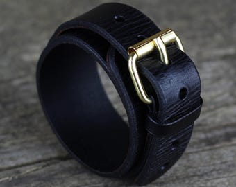 Black Leather Cuff Bracelet: Brass Buckle, Adjustable Wrist Size