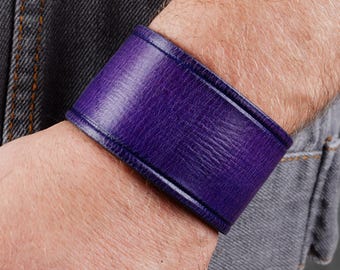 Handmade Purple Leather Cuff Bracelet, Unisex Wristband, Anniversary Gift