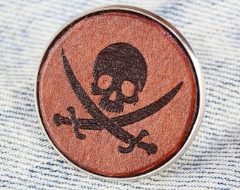 Jolly Roger Leather Pin Badge: Pirate Skull & Swords
