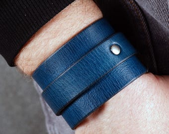 Brazalete de cuero azul, accesorio de cuero italiano
