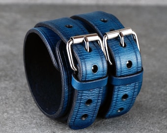 Brazalete de cuero azul, cuero italiano, ajustable