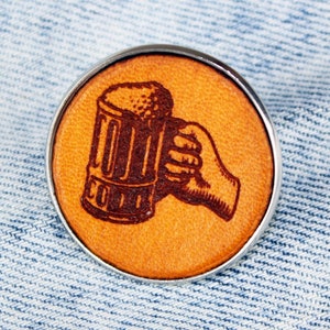 Beer Glass Leather Pin Badge: Gift for Beer Lover