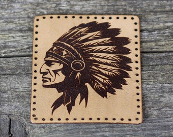 Indianer Häuptling Kopf Leder Patch - Italienisches Leder Aufnäher