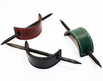 Handcrafted Leather Hair Slide with Wooden Stick